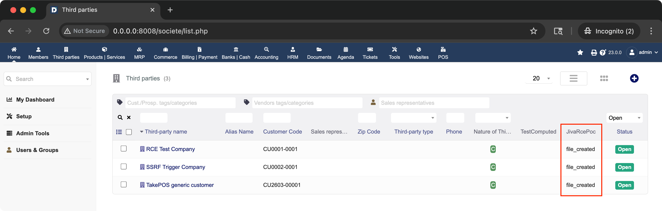 Dolibarr company list showing file_created in JivaRcePoc column