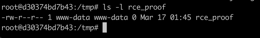 Terminal confirming /tmp/rce_proof exists, owned by www-data