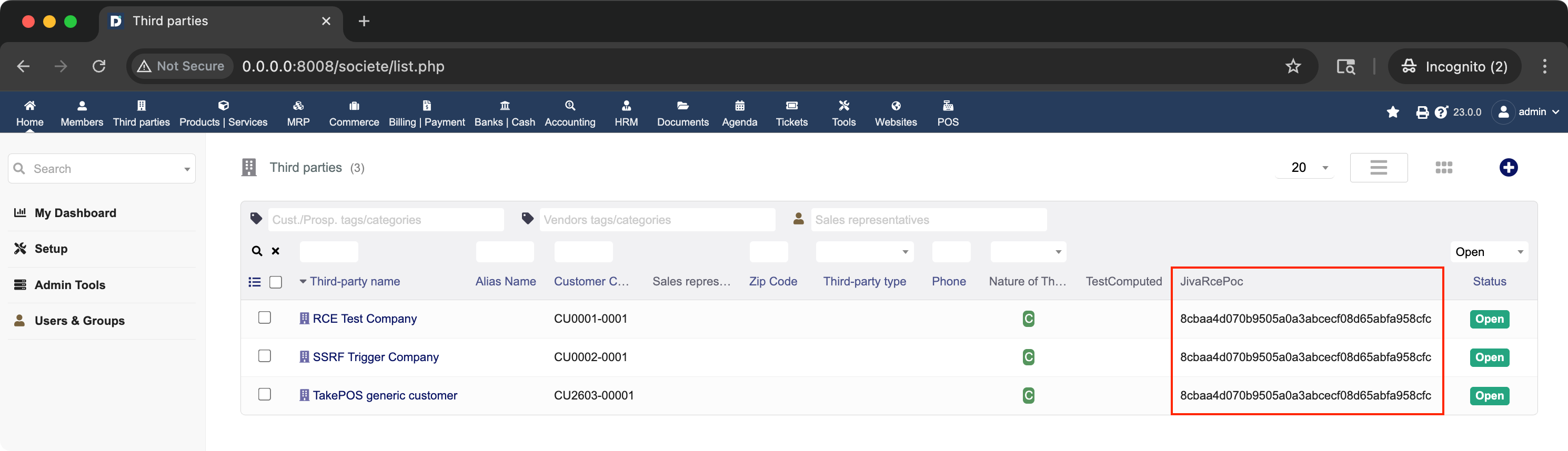 Company list showing admin API key exfiltrated into JivaRcePoc column