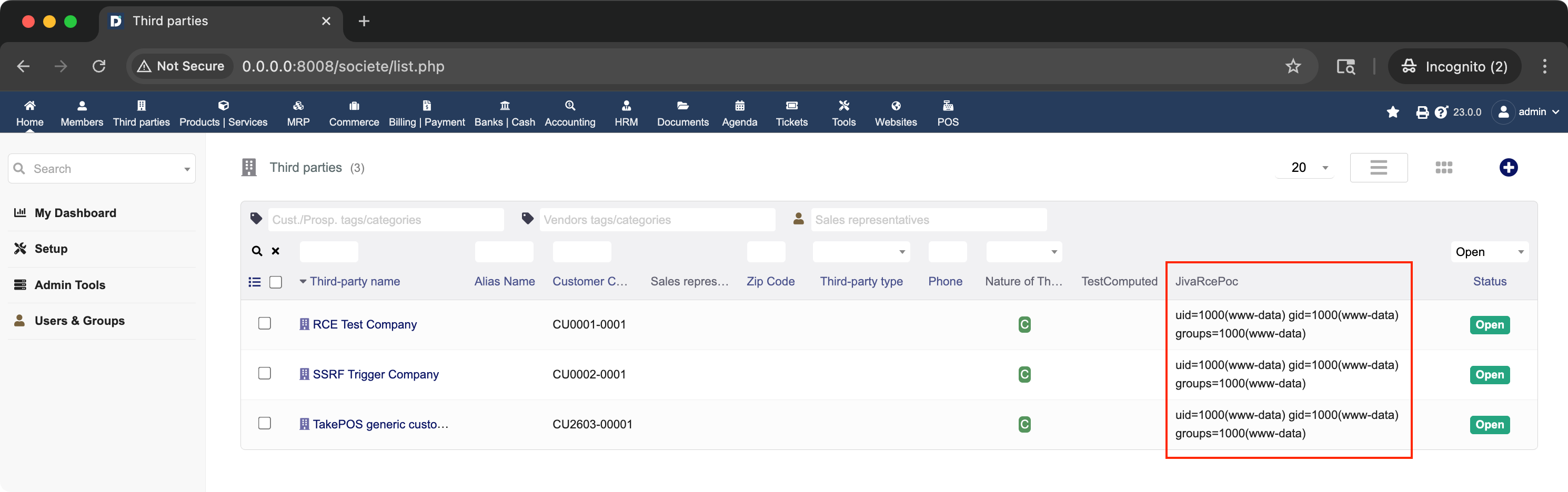 Company list showing 'uid=1000(www-data) gid=1000(www-data) groups=1000(www-data)' — exec() output confirming OS command execution