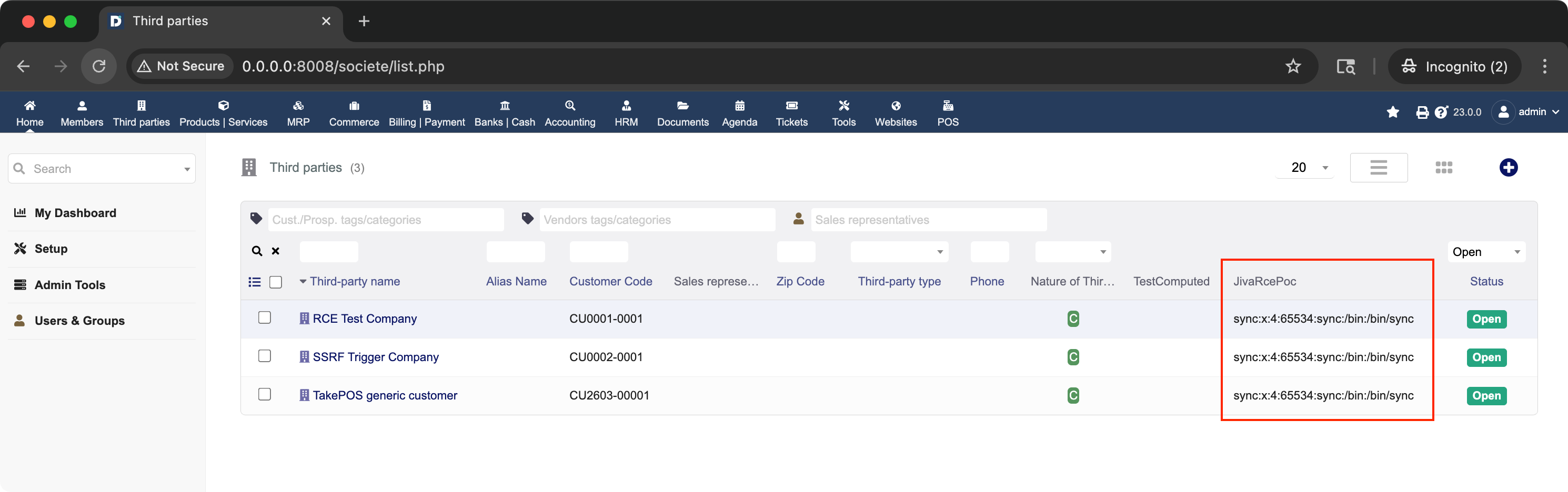 Company list showing chained command output