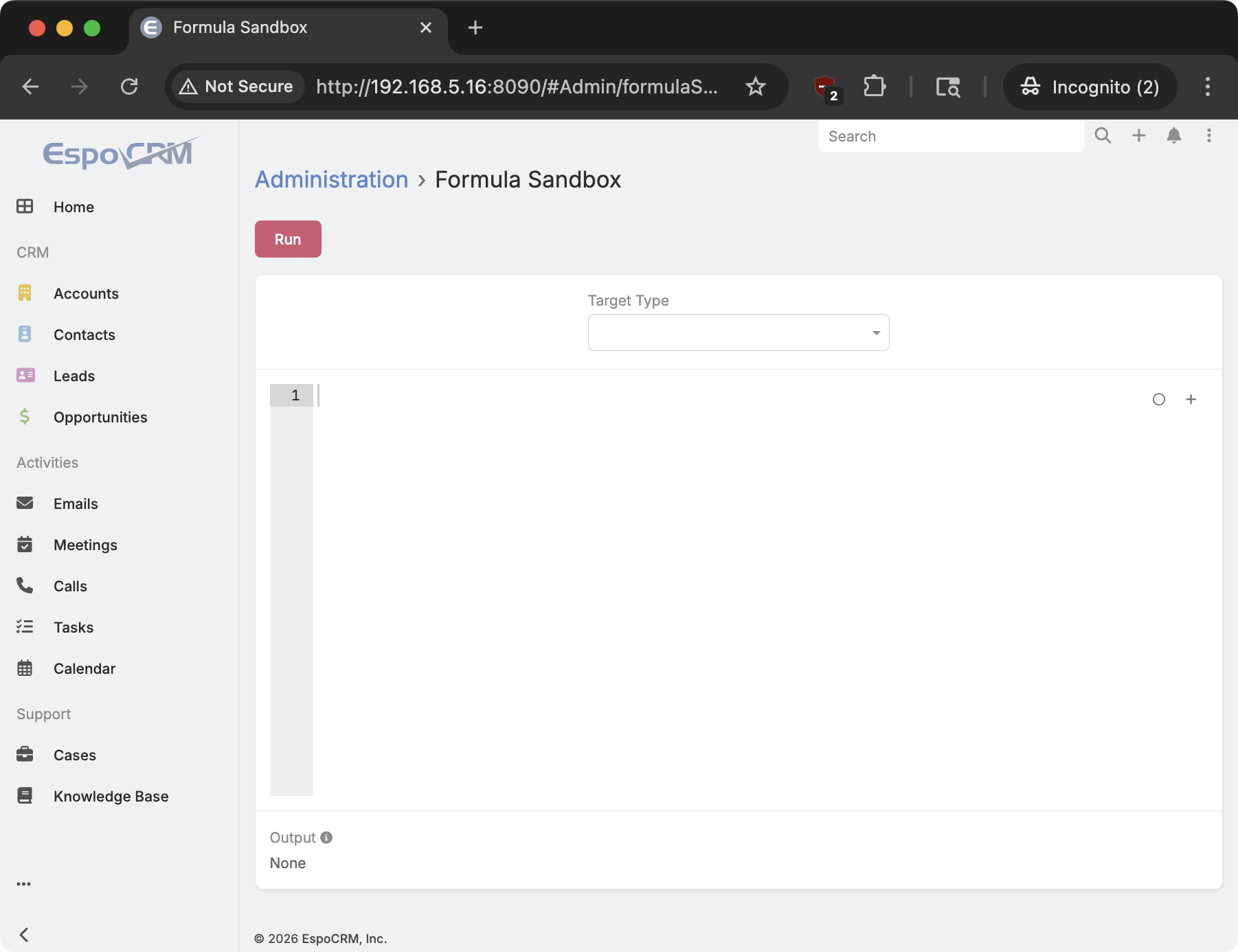 EspoCRM Admin panel showing the Formula test interface under Administration > Formula