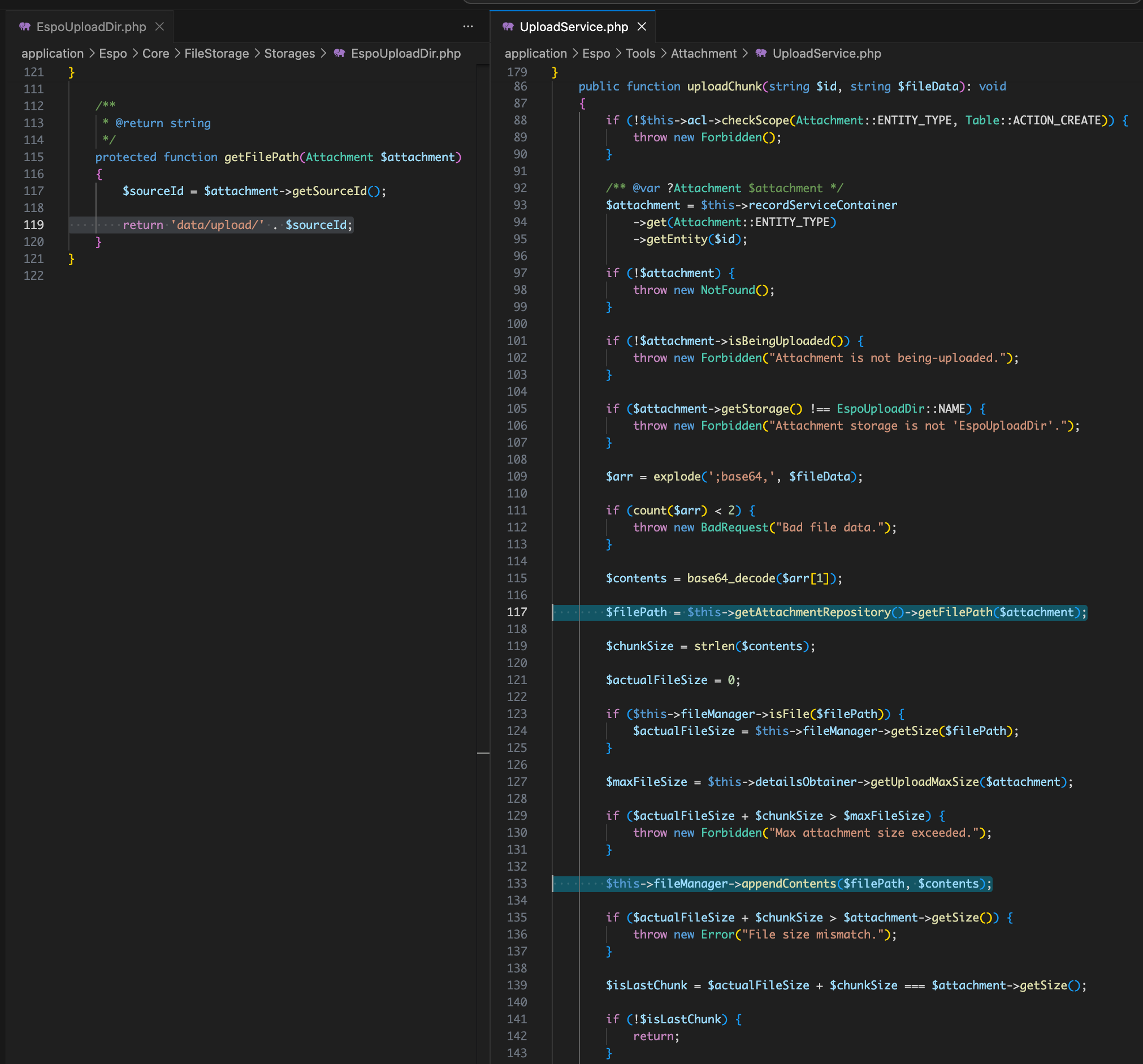 EspoUploadDir.php showing the unsanitized getFilePath() method (lines 115-119) alongside UploadService.php showing uploadChunk() calling getFilePath() then appendContents() (lines 117, 133)