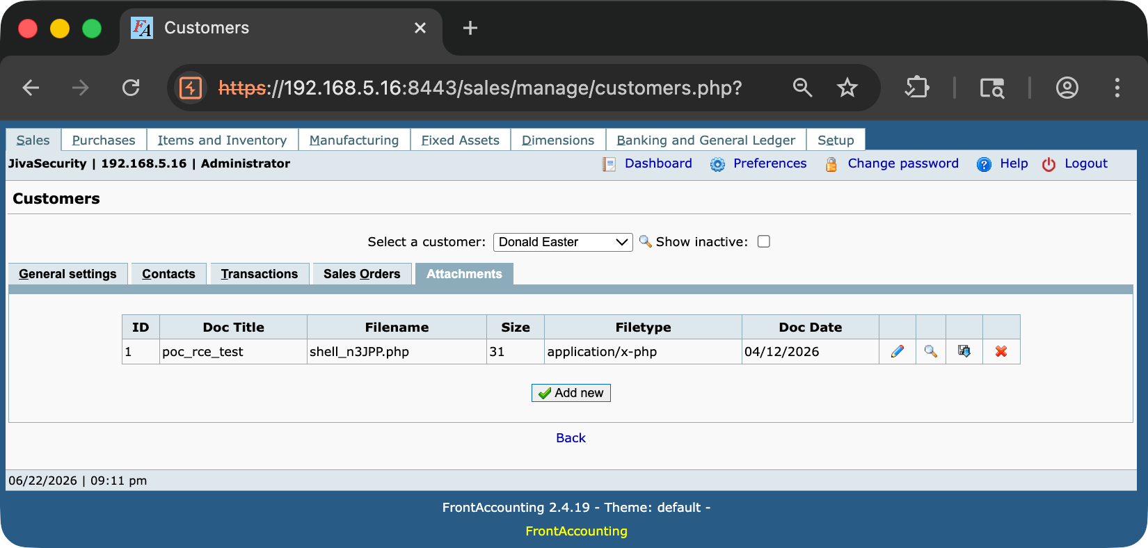 FrontAccounting customer page showing the Attachments tab with the uploaded file