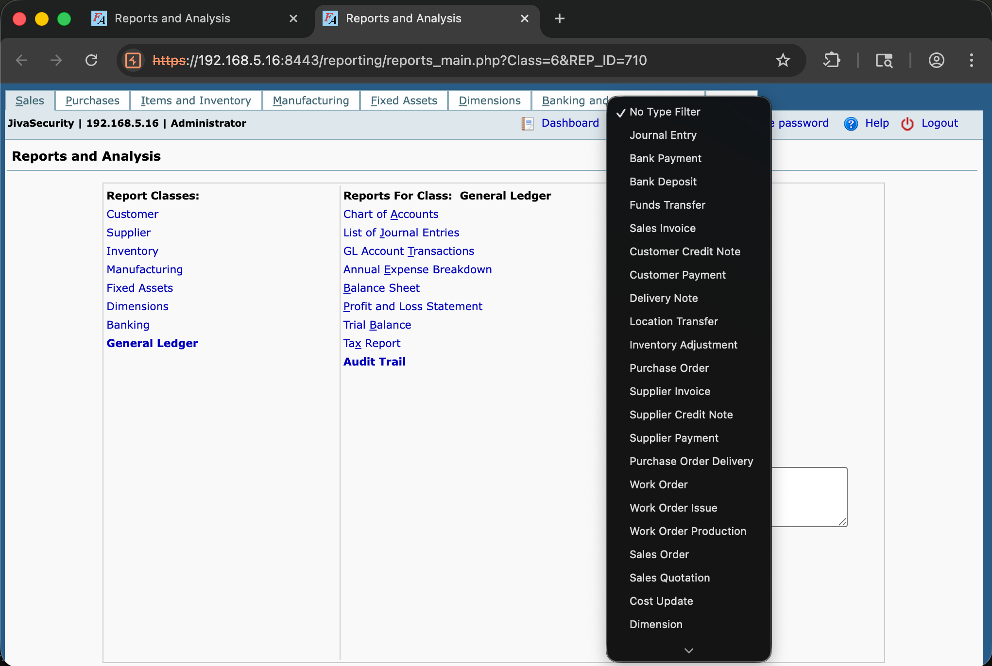 FrontAccounting Audit Trail report form showing the parameter fields