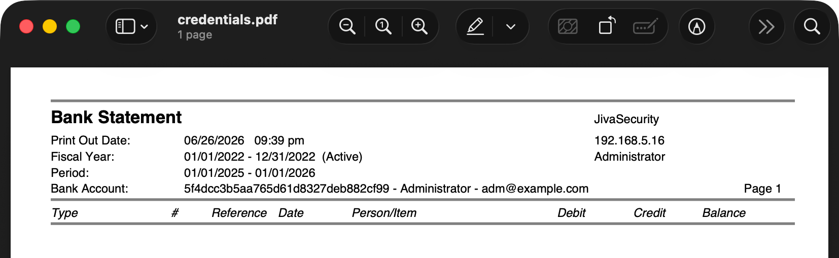 PDF report showing extracted user credentials instead of bank account data