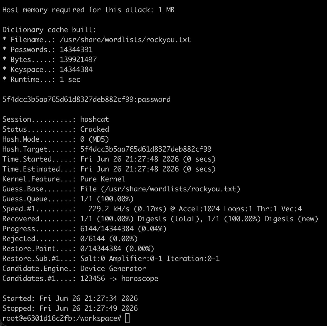 Terminal showing the MD5 hash being cracked to reveal the admin password