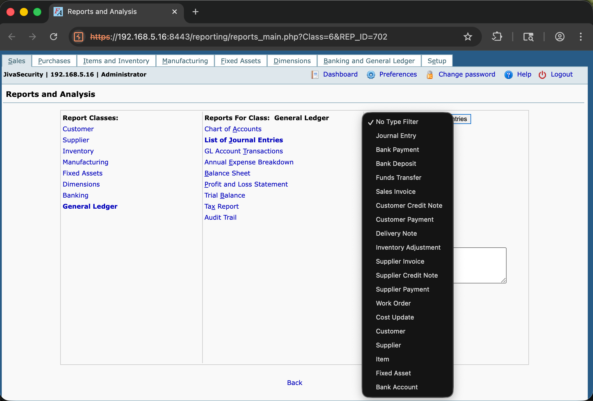 FrontAccounting Journal Entries report form showing parameter fields