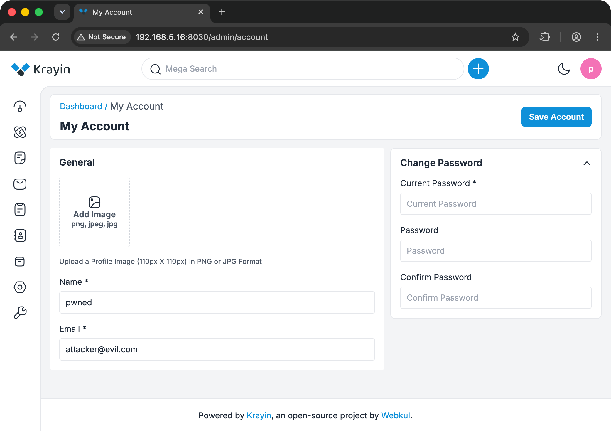 The Krayin CRM /admin/account profile page after the takeover, with the Name field set to pwned and the Email field set to attacker@evil.com