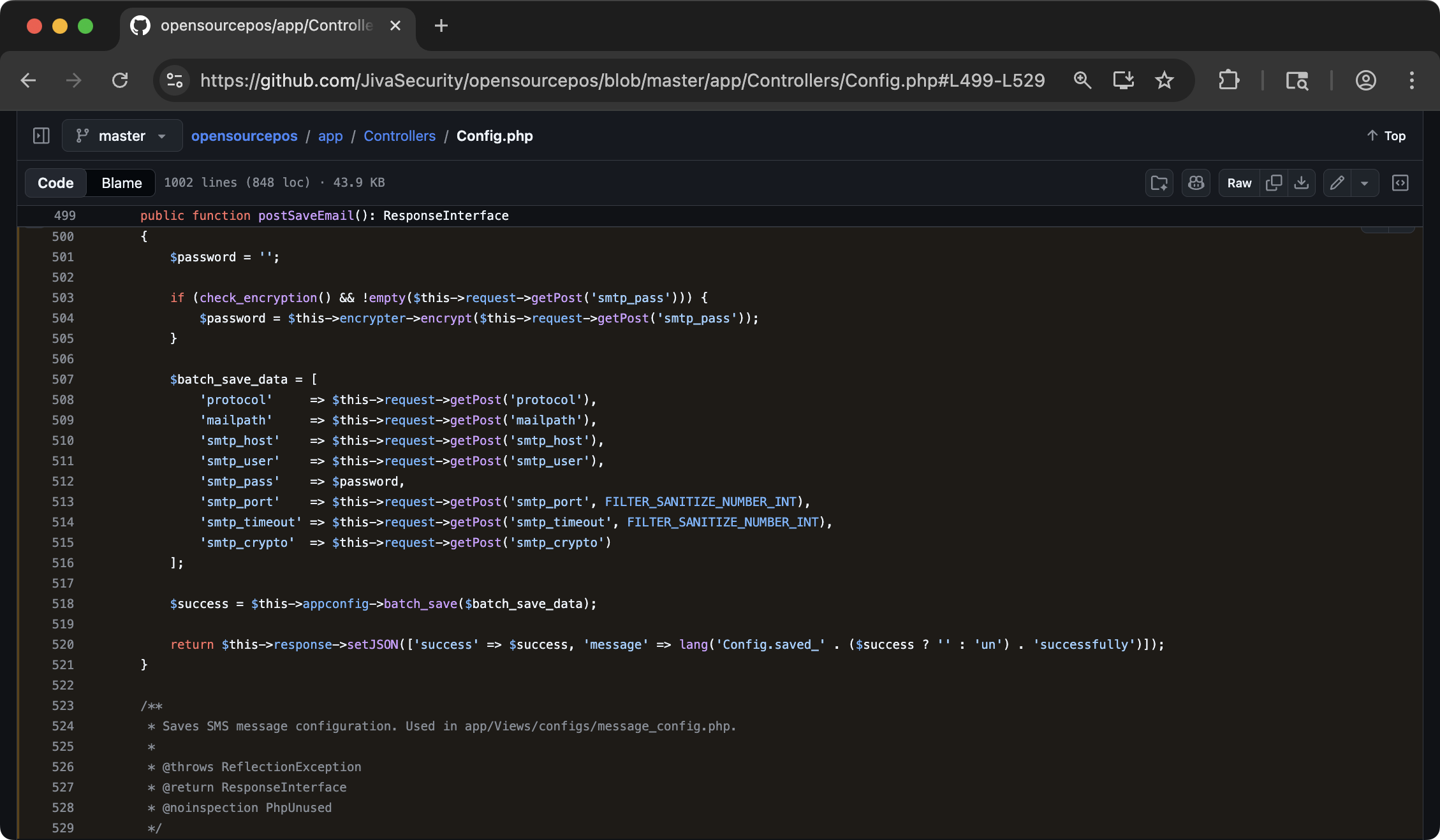 PHP source code showing the postSaveEmail method with batch_save_data array construction