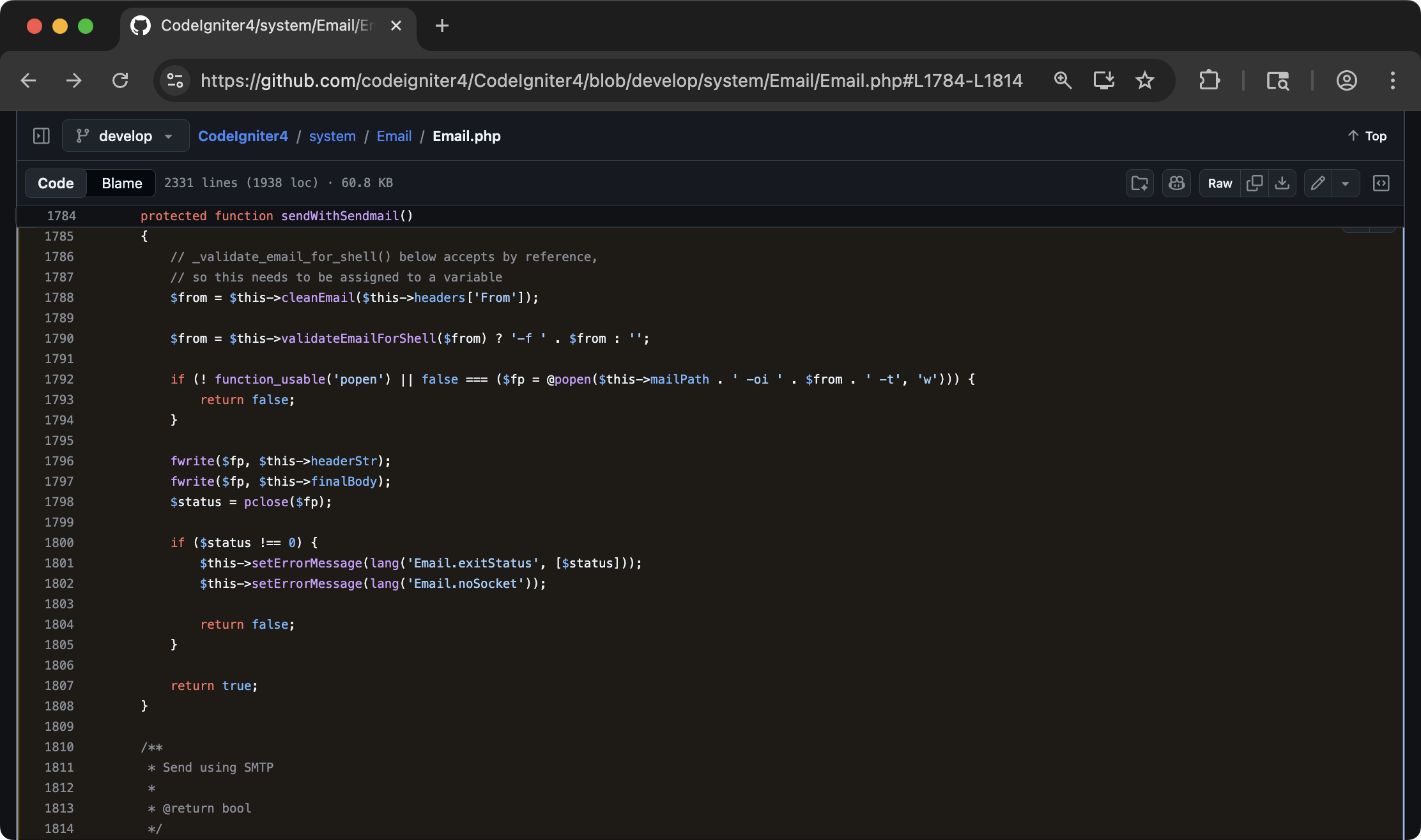 PHP source code showing popen() call with $this->mailPath concatenated into a shell command