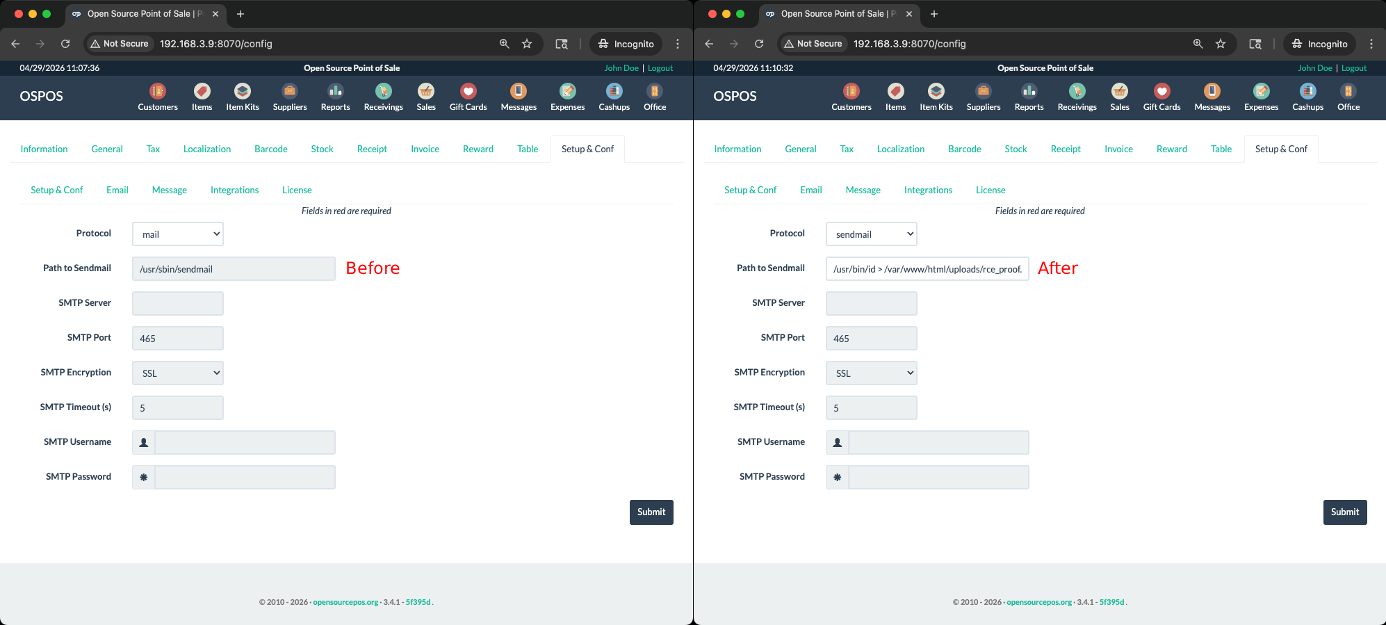 OpenSourcePOS email configuration page with fields for protocol, mail path, SMTP host, user, password, port, timeout, and encryption