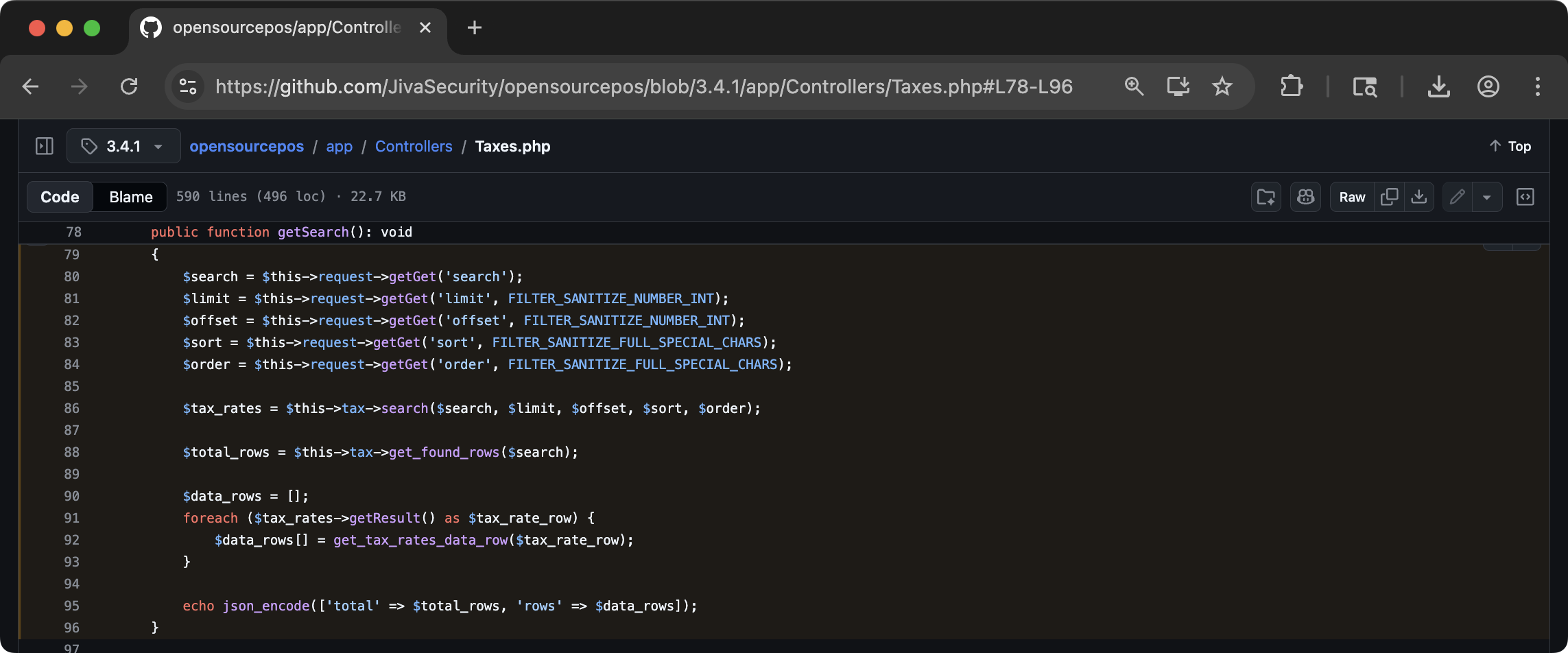 PHP source code of Taxes controller getSearch method with sort parameter using only FILTER_SANITIZE_FULL_SPECIAL_CHARS