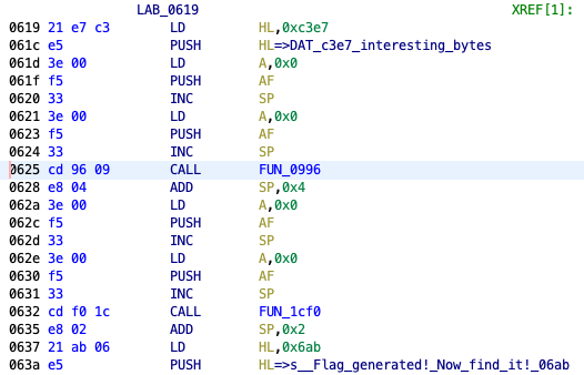 Setup code at 0x0619 before function call at 0x0625